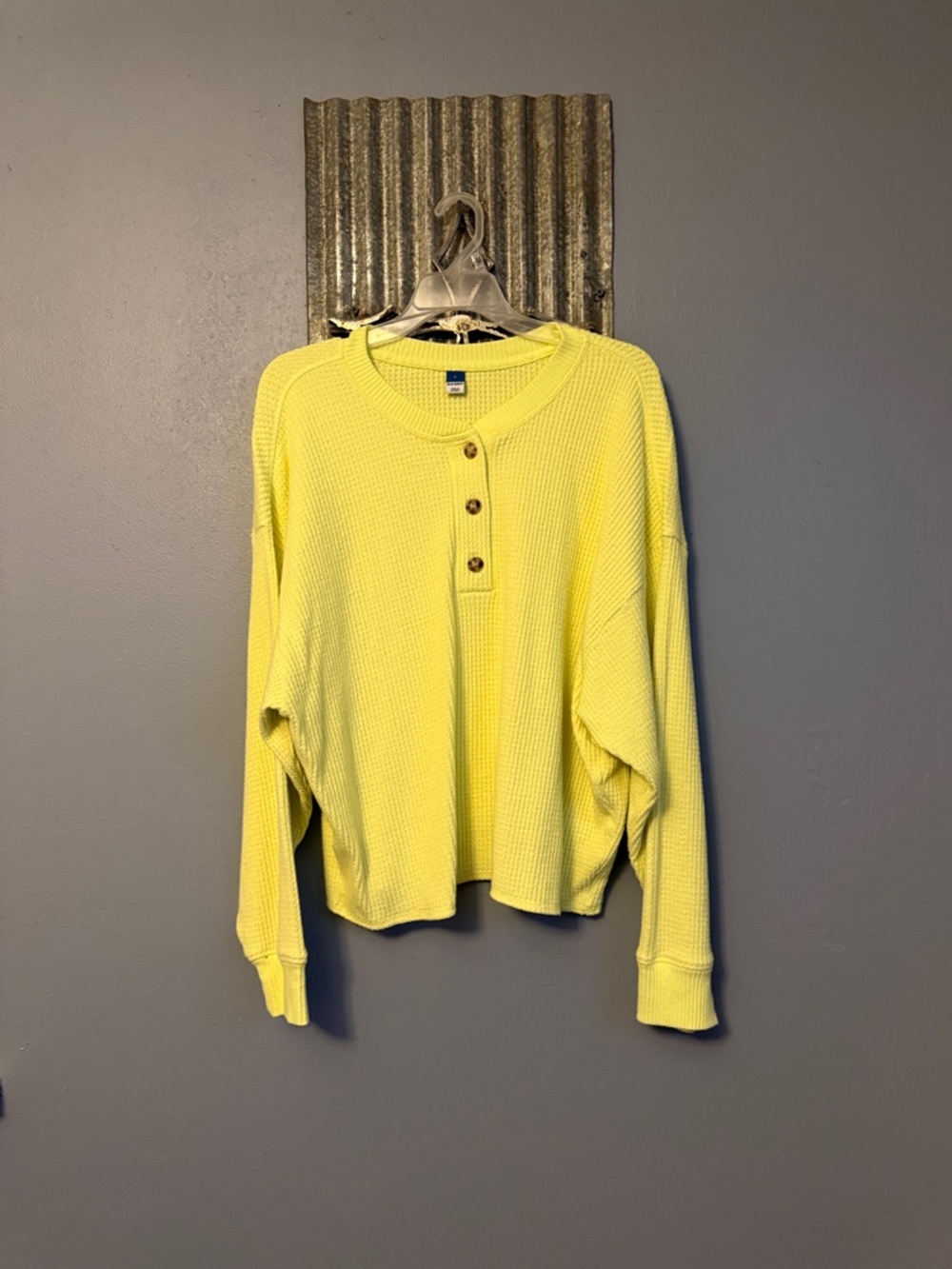 Old Navy Bright Yellow Waffle Henley Long Sleeve Top